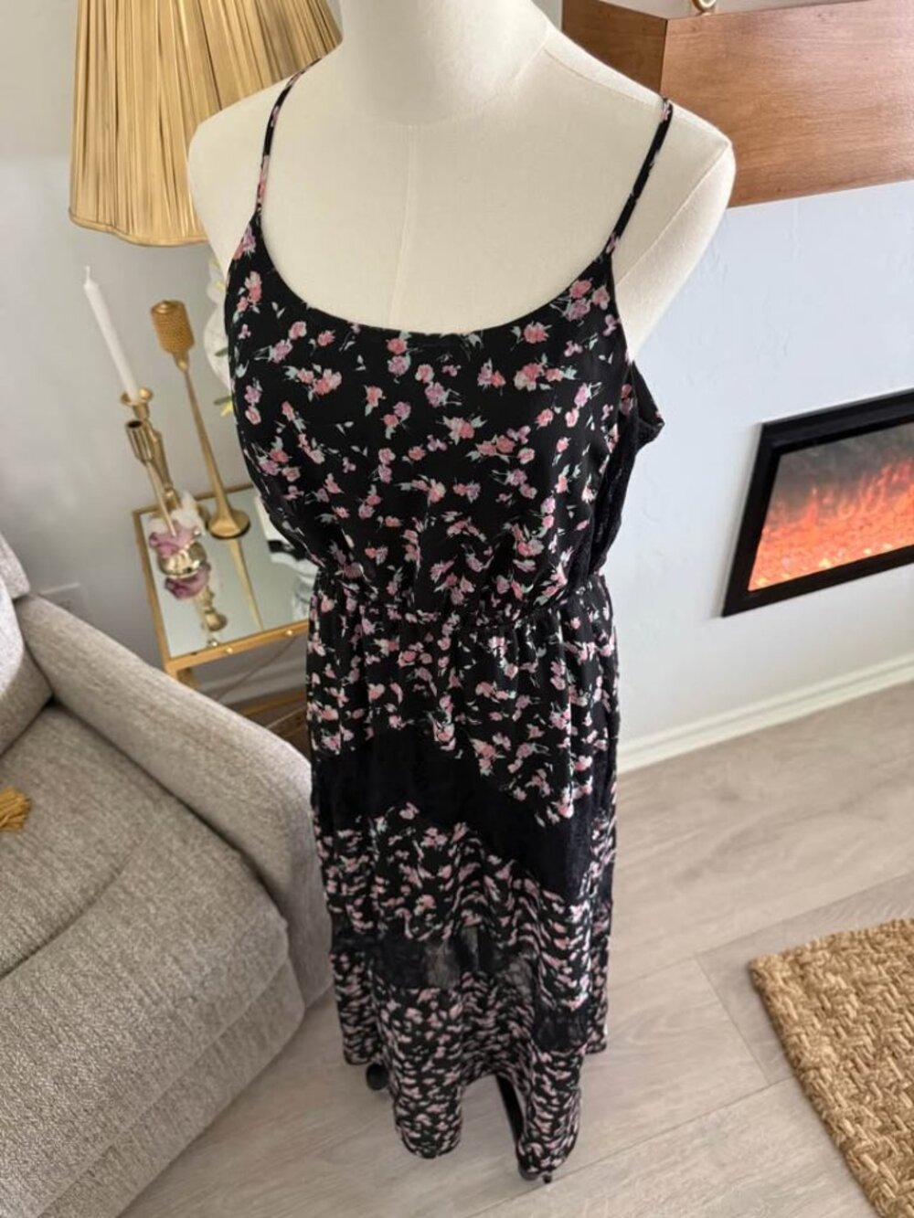 Black Floral Maxi Dress Women Small Boho Lace Layered Spaghetti Straps Size L - Picture 3 of 14